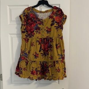 Free People Mustard Floral Tiered Mini Dress with Red and Blue Accents